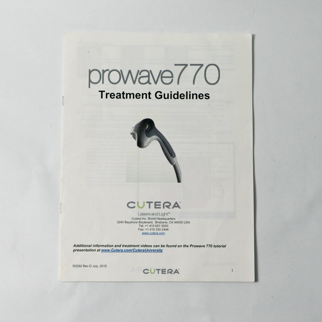 Cutera Prowave 770 Handpiece Treatment Guidelines Manual Booklet D0292