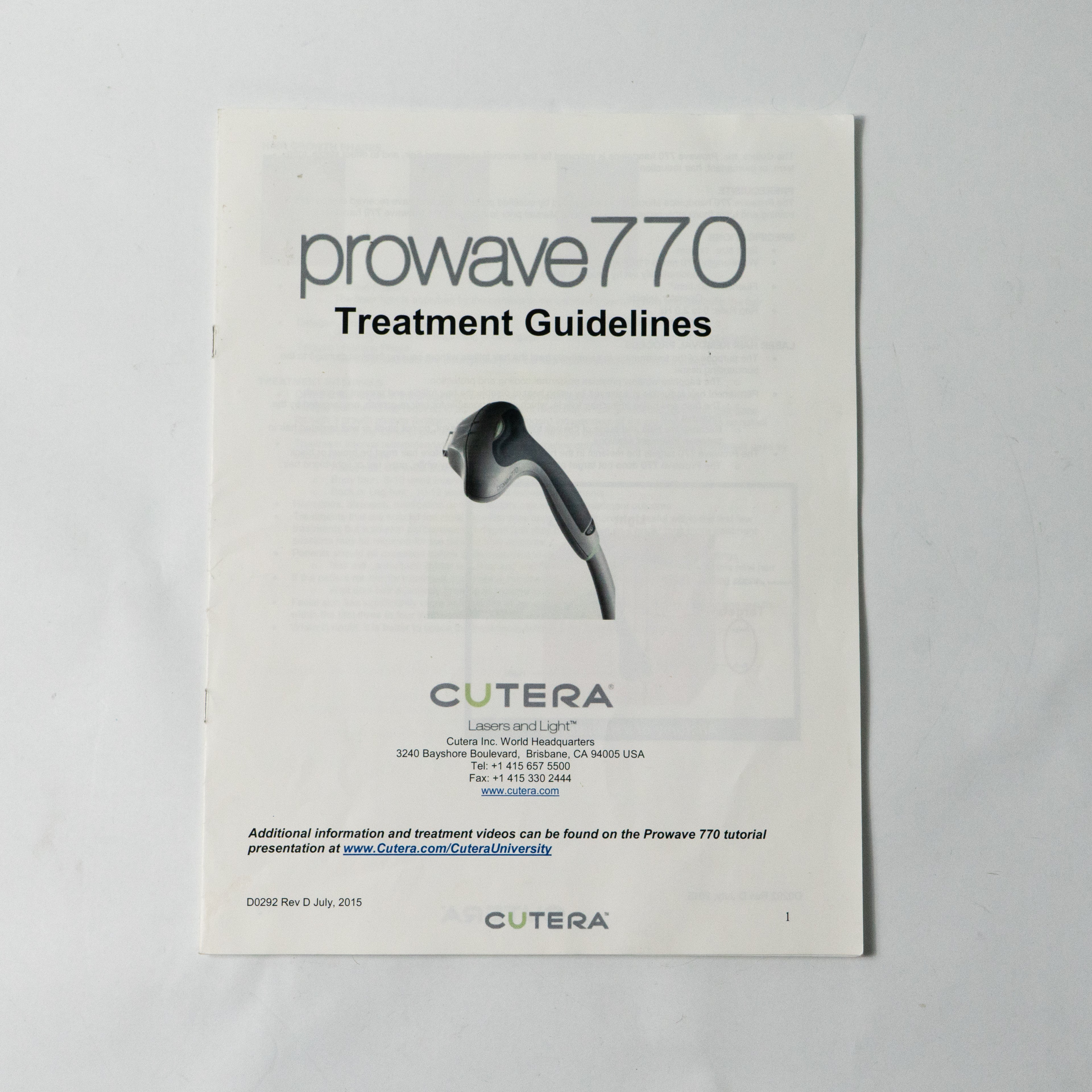 Cutera Prowave 770 Handpiece Treatment Guidelines Manual Booklet D0292
