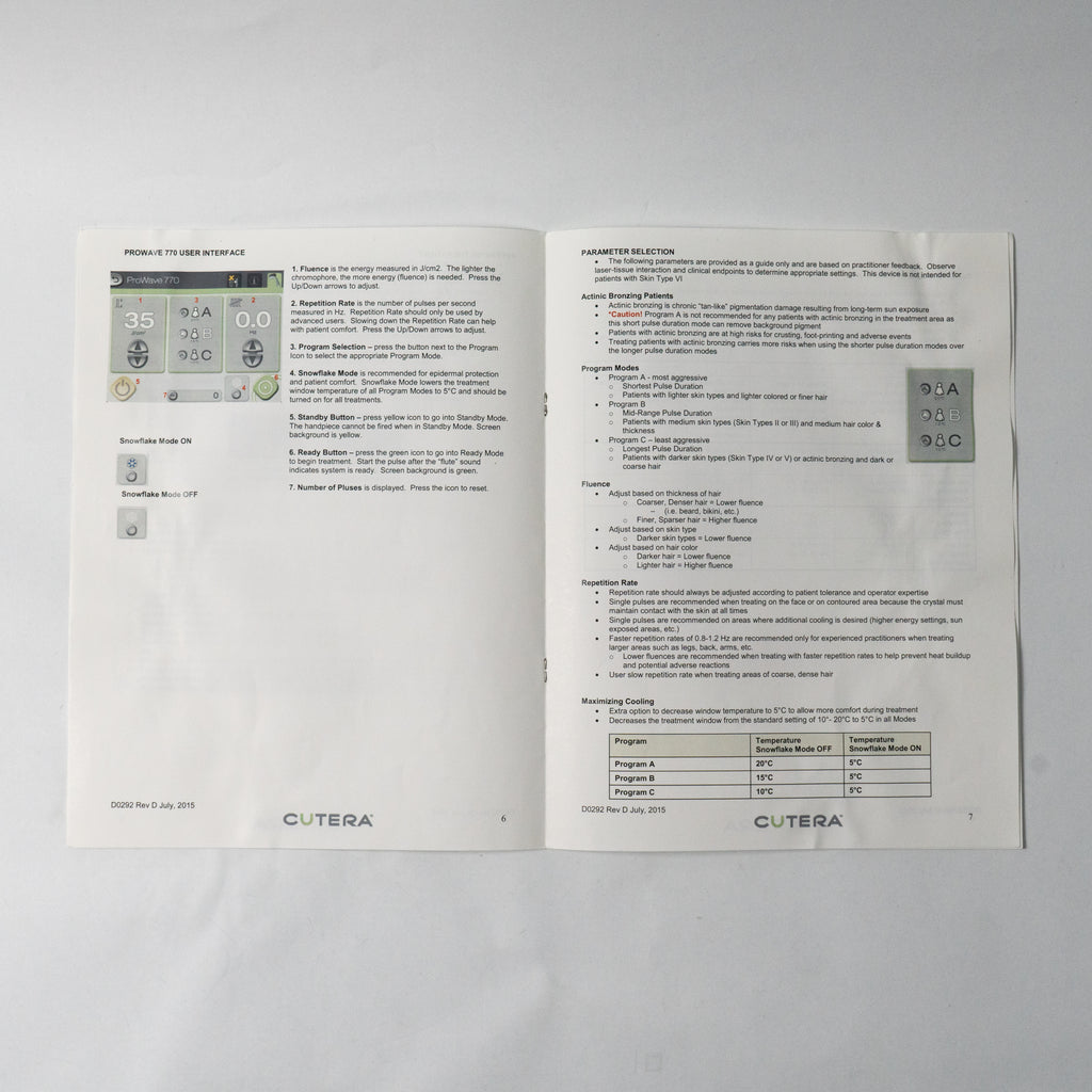 Cutera Prowave 770 Handpiece Treatment Guidelines Manual Booklet D0292