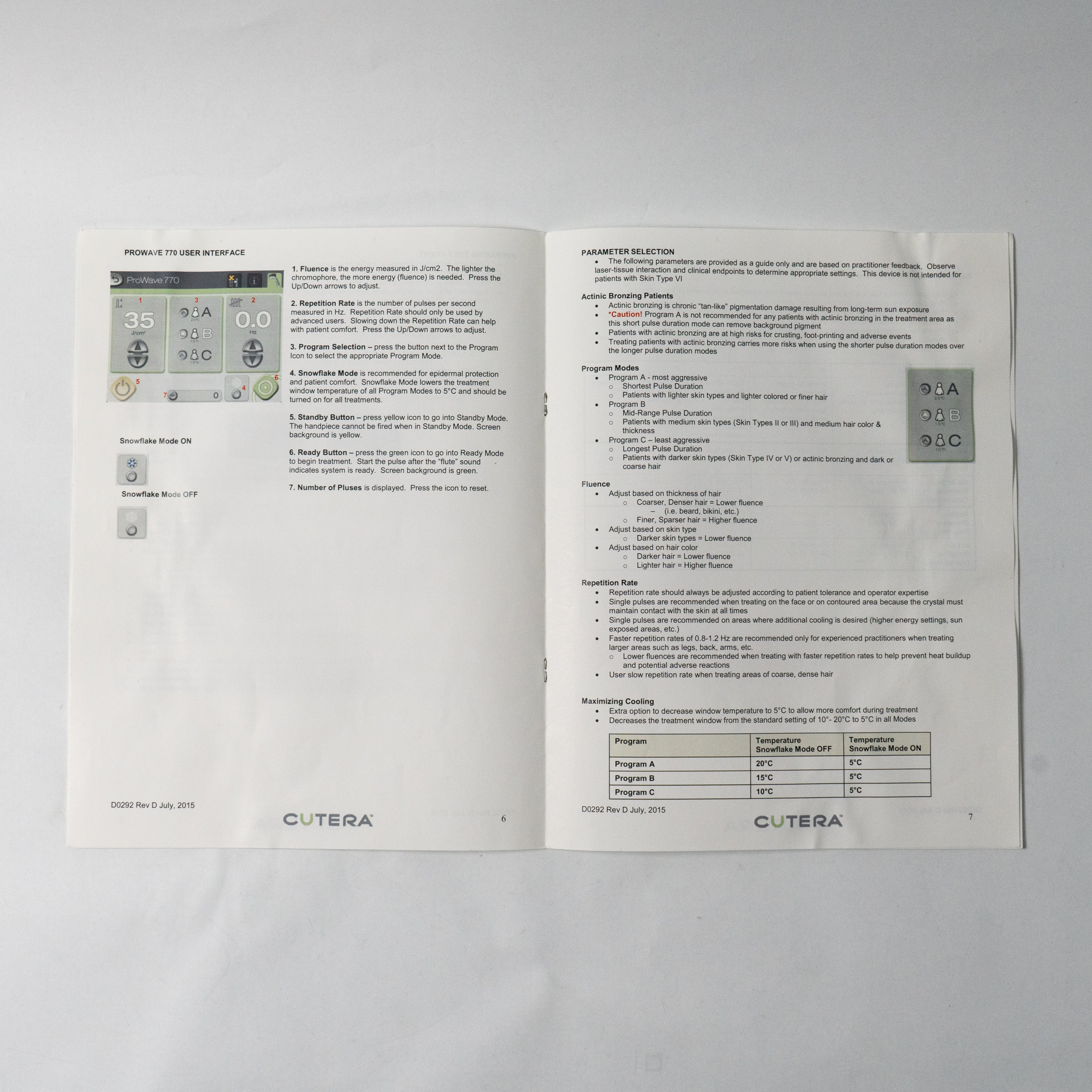 Cutera Prowave 770 Handpiece Treatment Guidelines Manual Booklet D0292