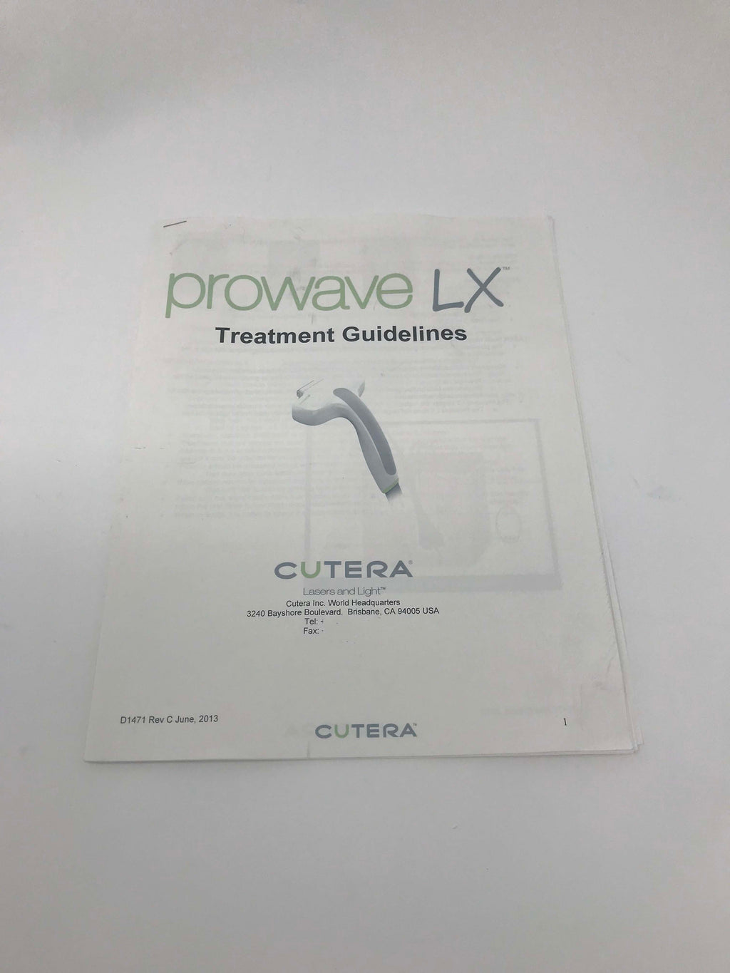 Cutera Prowave LX Treatment Guidelines Hand Piece Manual