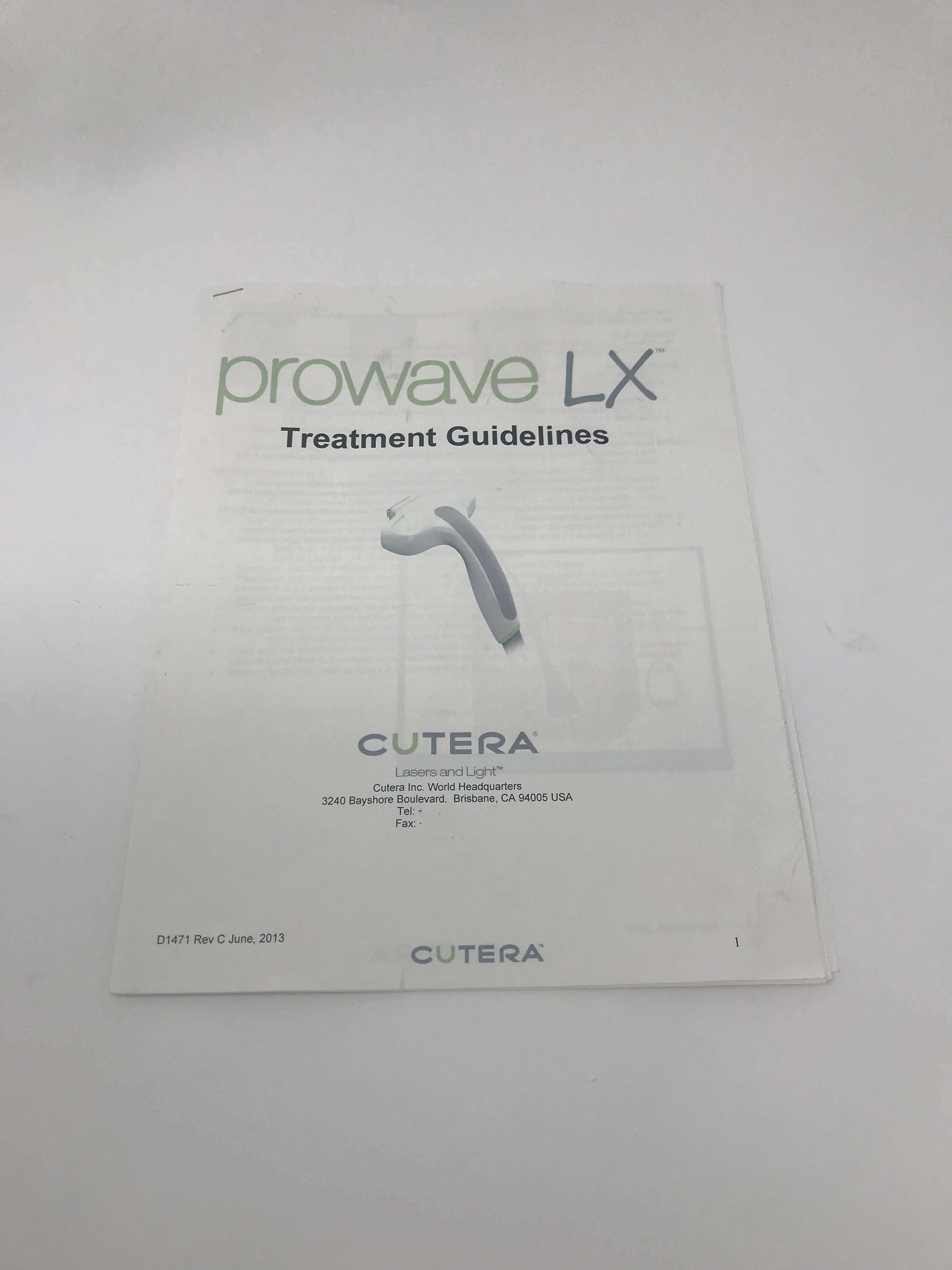 Cutera Prowave LX Treatment Guidelines Hand Piece Manual