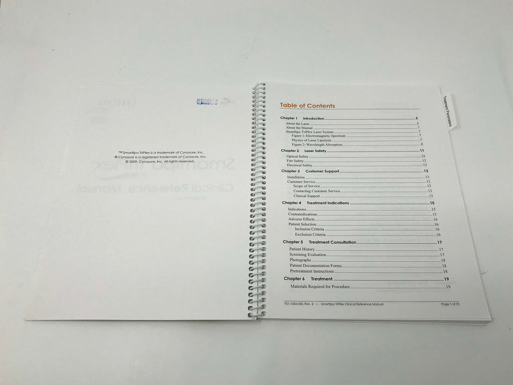 CynoSure SmartLipo TriPlex Laser Clinical Reference Treatment Parameters Manual