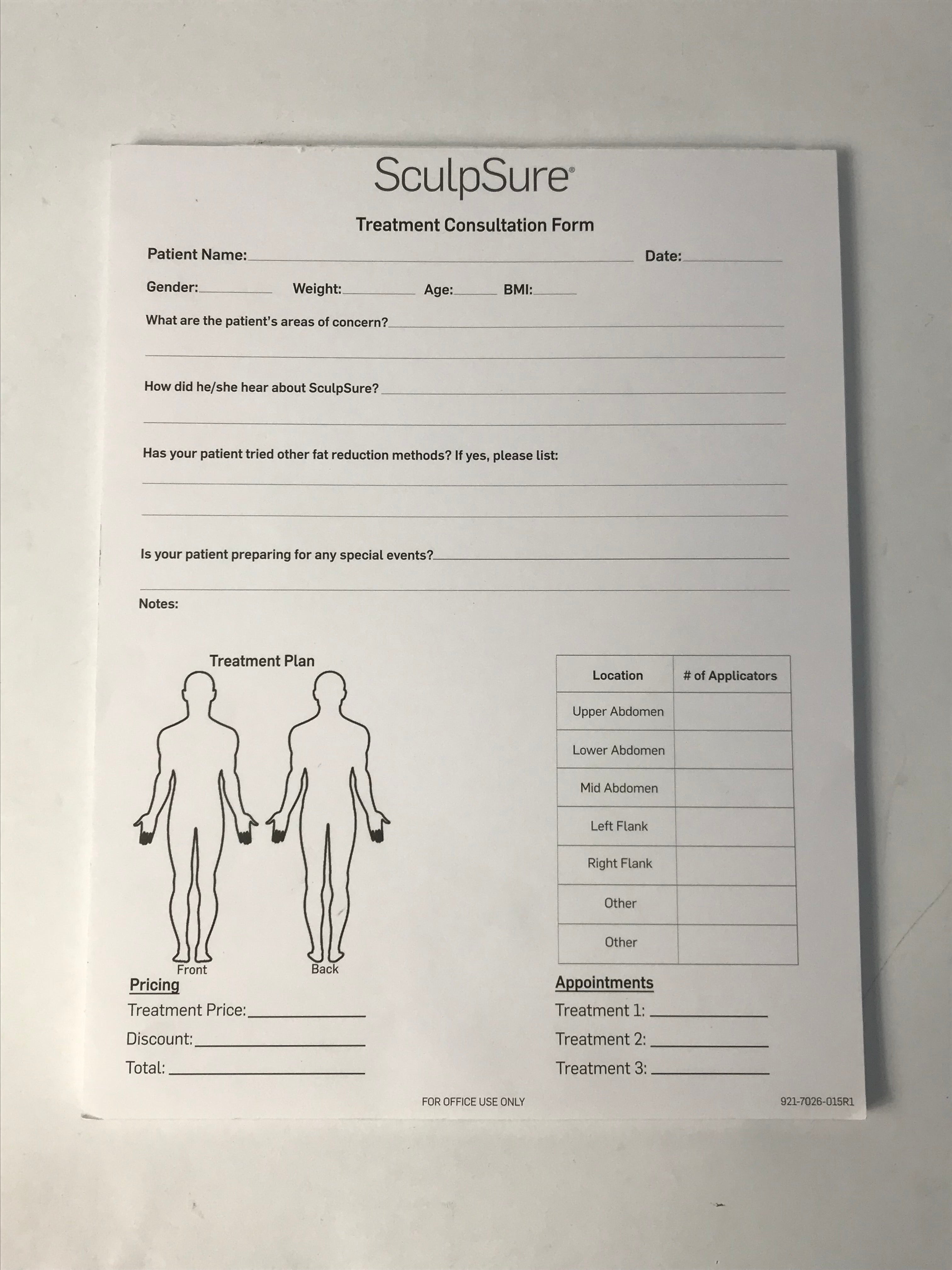 Cynosure SculpSure Laser Treatment Patient Consultation Forms Pad of 54 Sheets