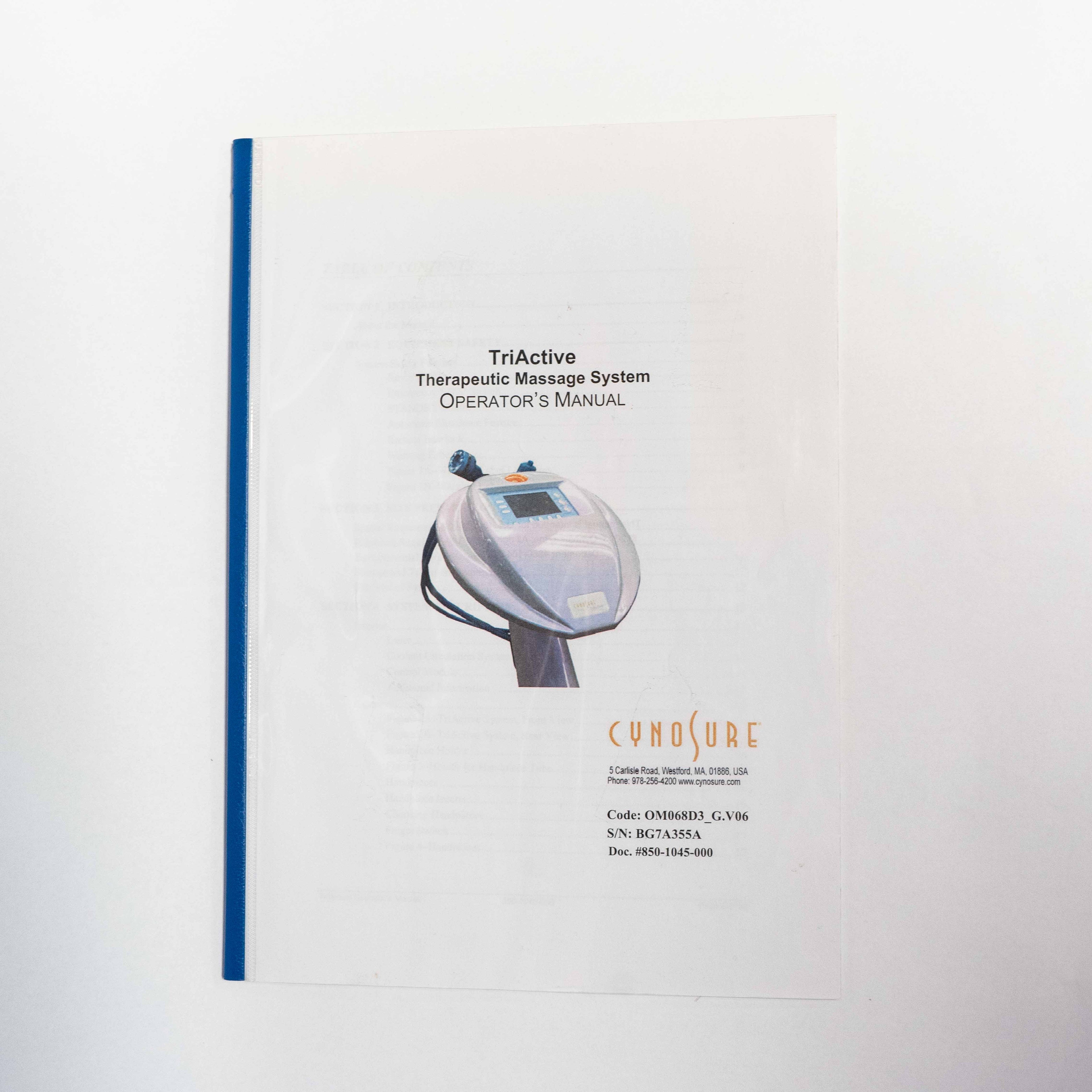 Cynosure TriActive Therapeutic Massage System OPERATORS MANUAL - S/N: BG7A355A