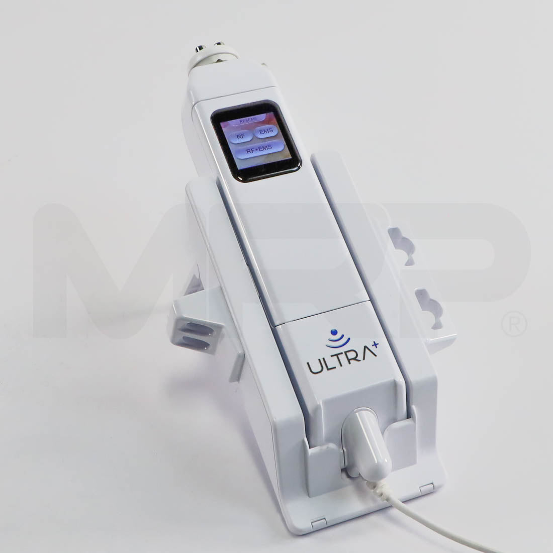 AMP ULTRA+ ultrasound, RF and EMS handheld device in charging dock with treatment tip attached