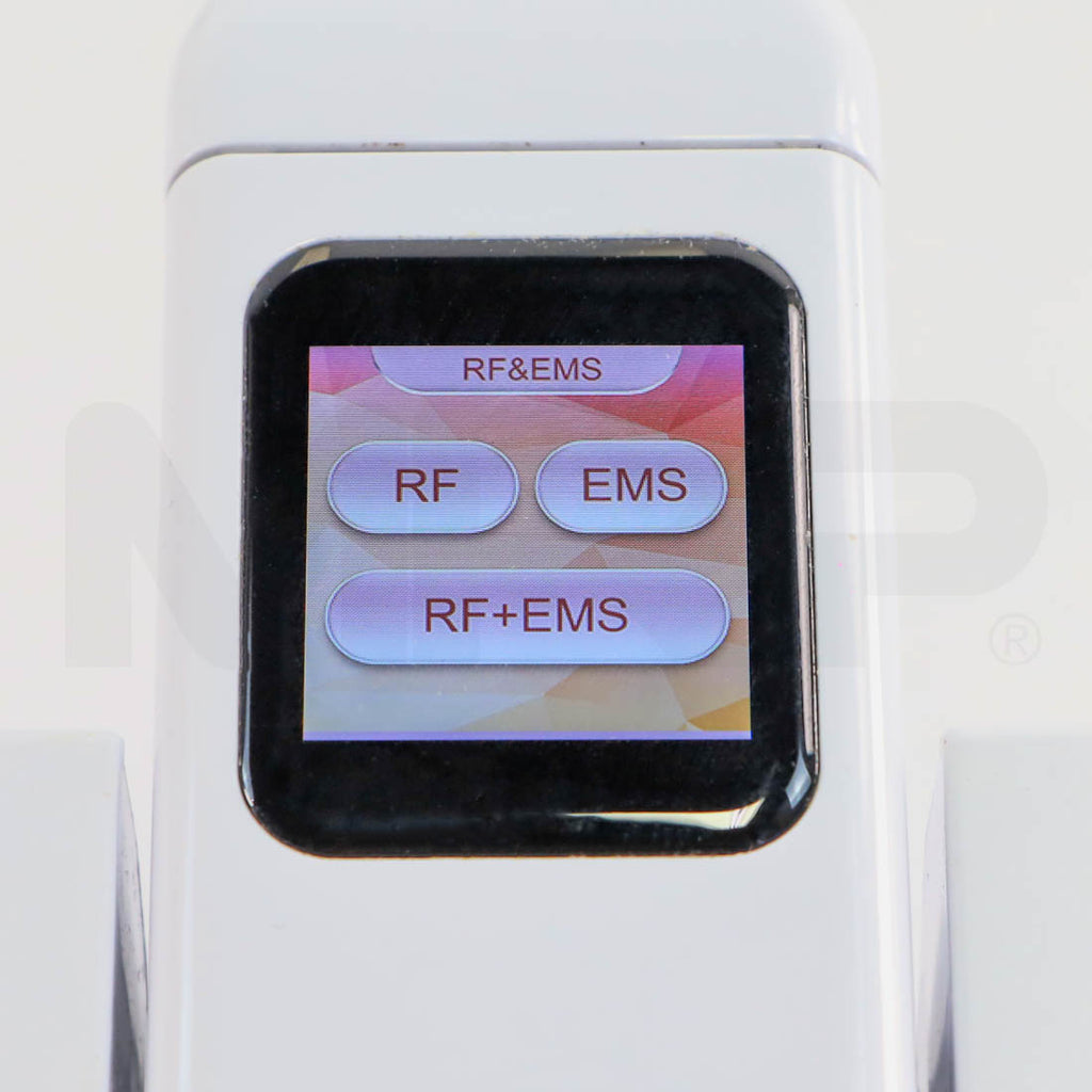 AMP ULTRA+ touchscreen showing RF, EMS and RF+EMS treatment modes