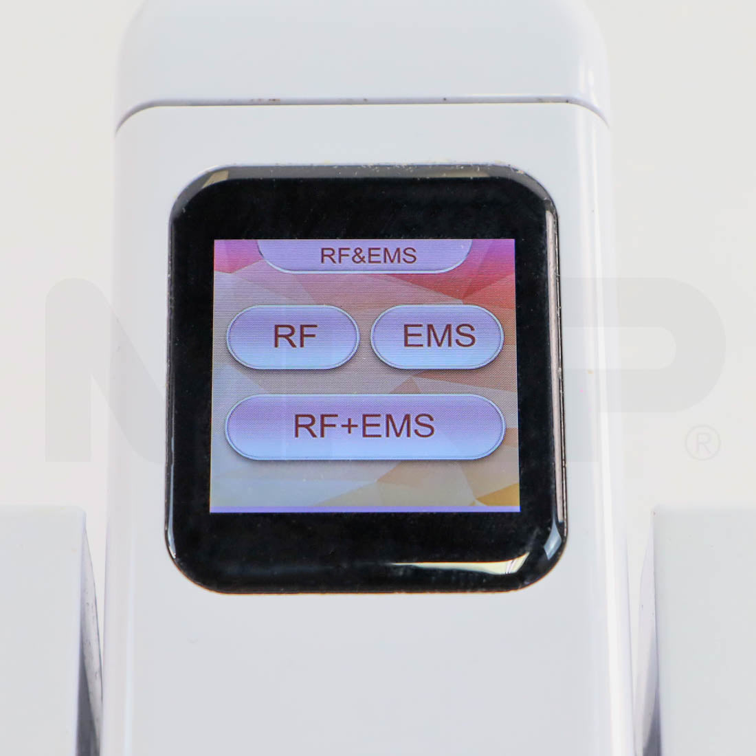 AMP ULTRA+ touchscreen showing RF, EMS and RF+EMS treatment modes