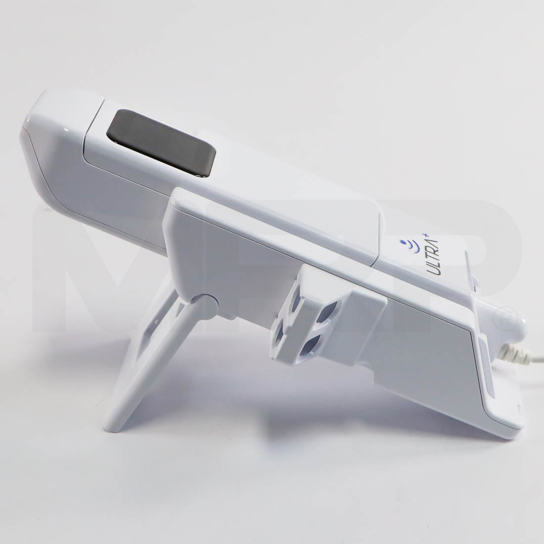 AMP ULTRA+ device side view in dock with fold-out stand