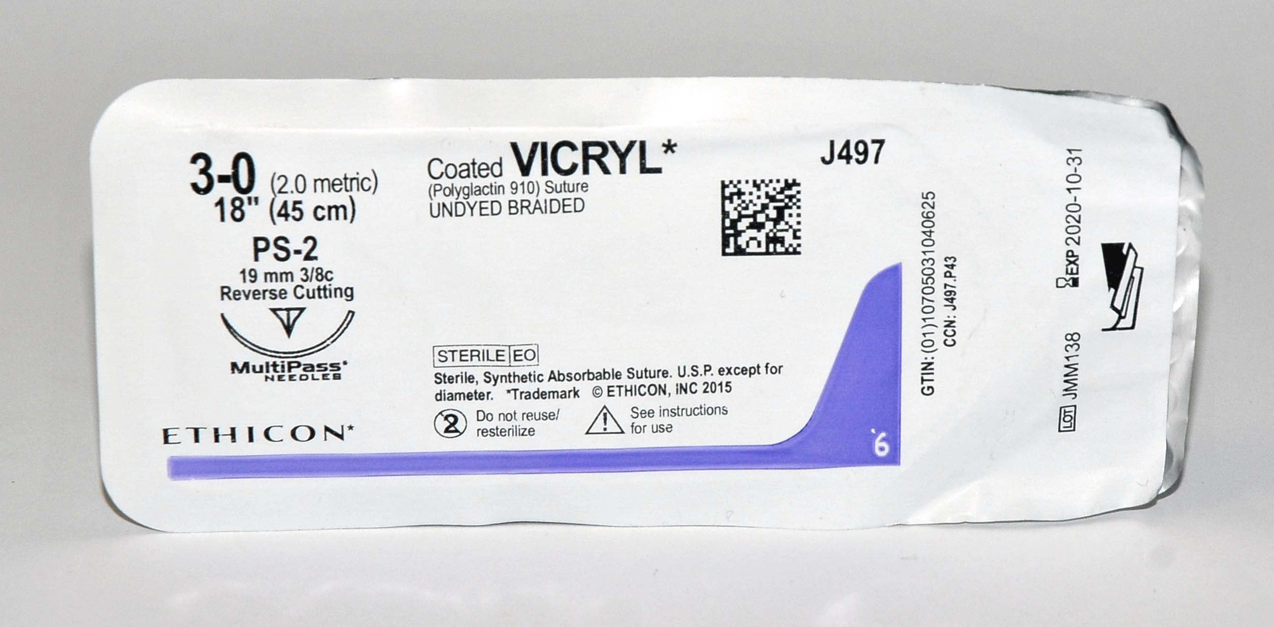 Ethicon 3-0 Coated VICRYL J497 Undyed Braided Reverse Cutting Suture LOT/8Pcs