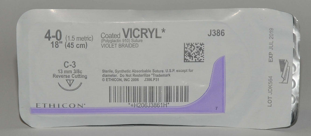 Ethicon 4-0 Coated VICRYL J386 Violet Braided Suture Synthetic Reverse Cutting