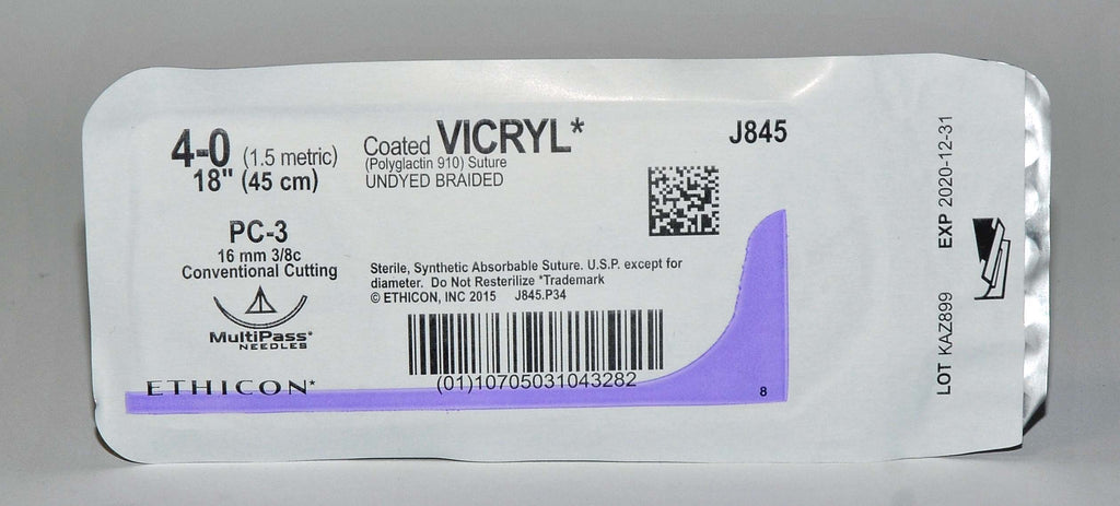 Ethicon 4-0 Coated VICRYL J845 Undyed Braided Conventional Cutting Suture (x12)