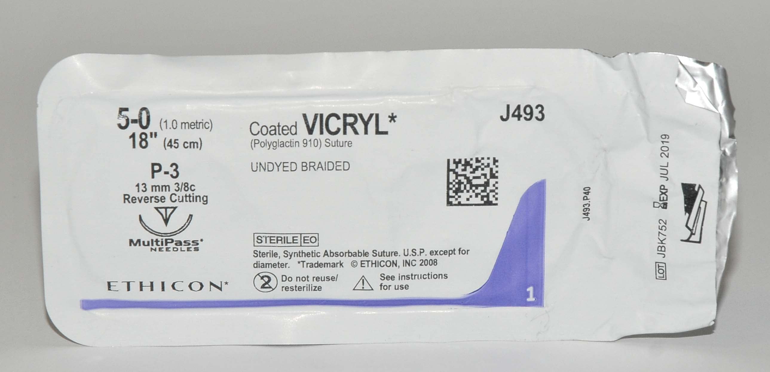 Ethicon 5-0 Coated VICRYL J493 Undyed Braided Reverse Cutting Synthetic Suture