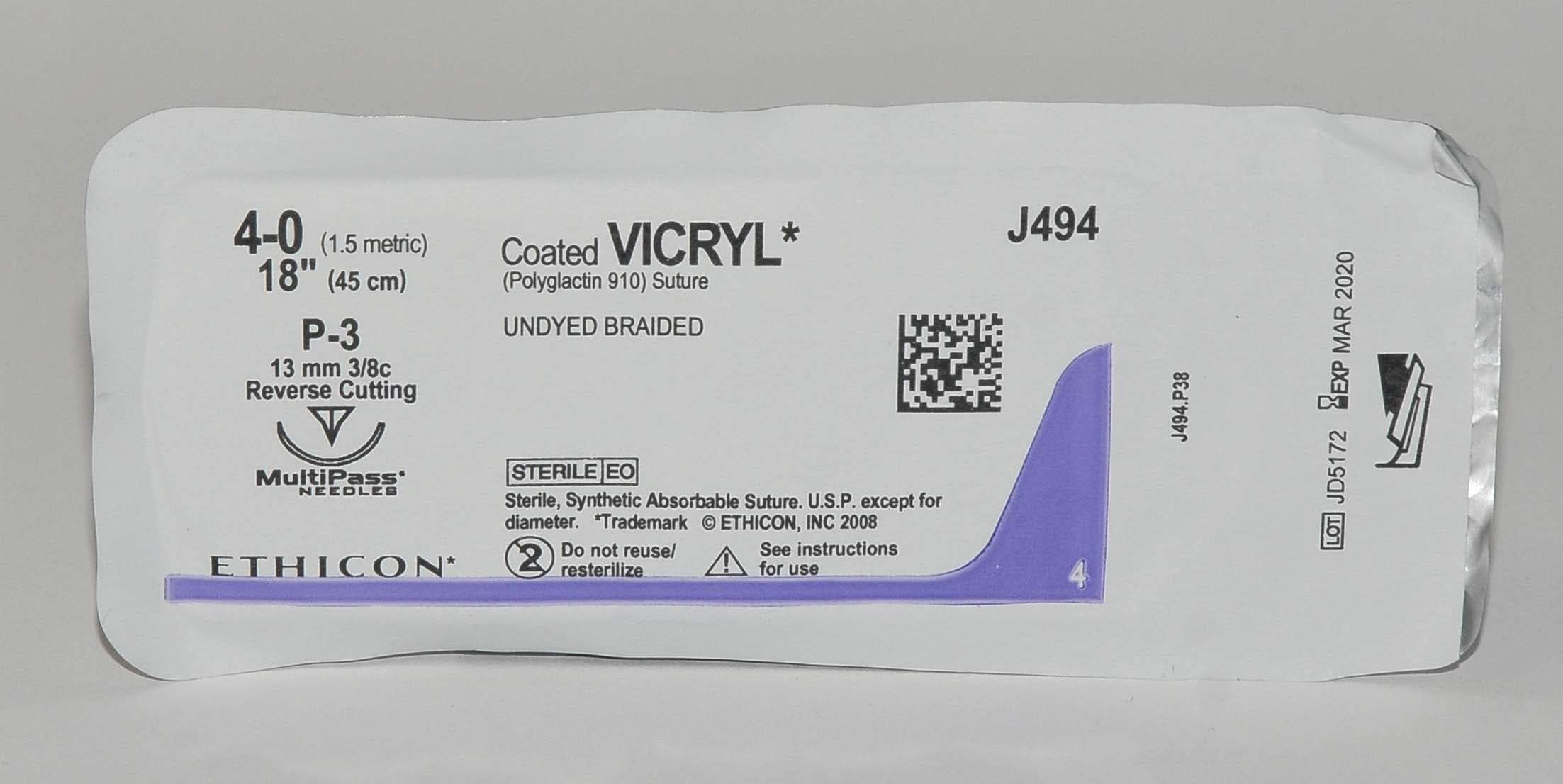 Ethicon 5-0 Coated VICRYL J494 Undyed Braided Reverse Cutting Suture x 6Pcs