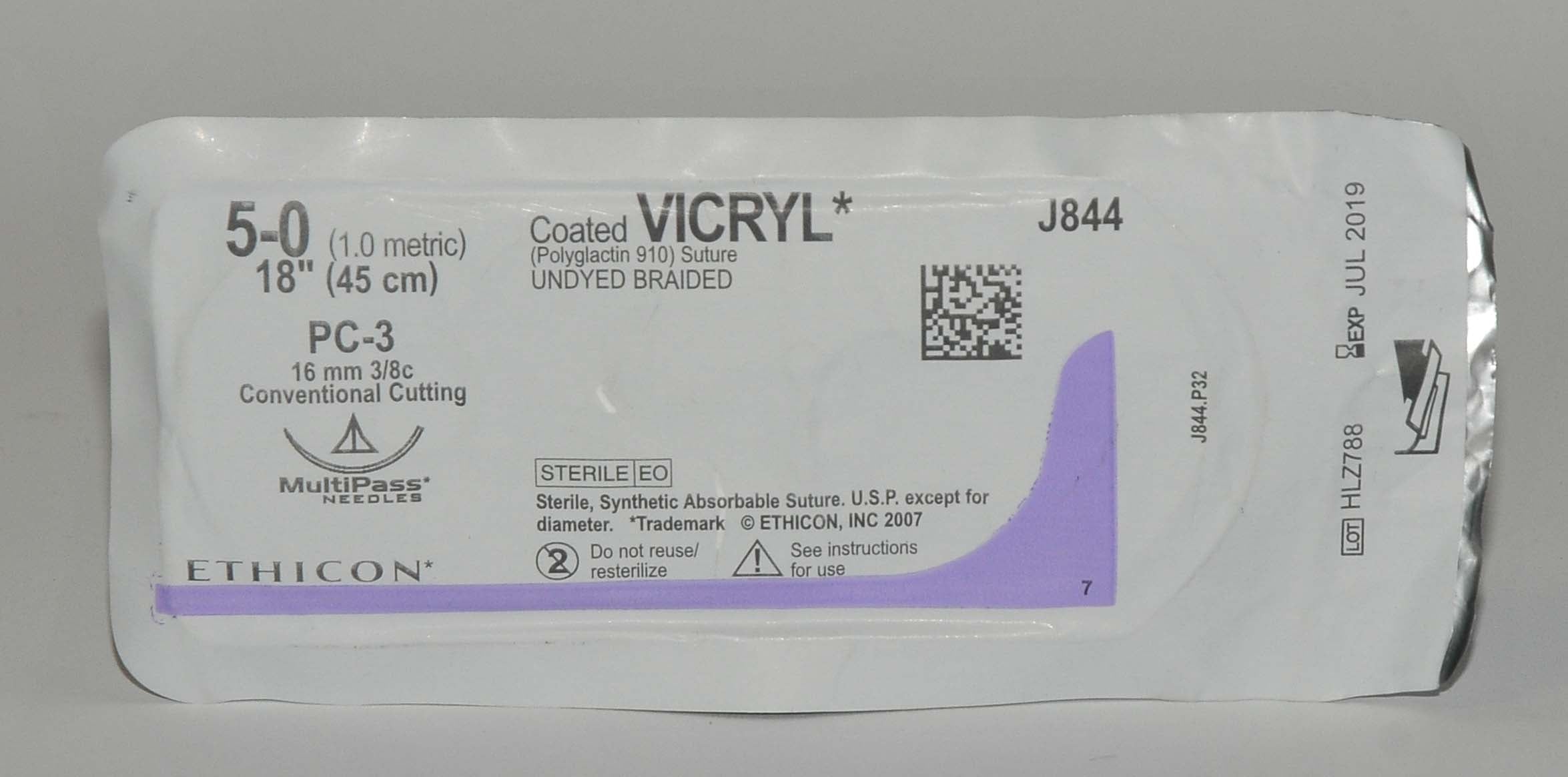 Ethicon 5-0 J844 Coated VICRYL Undyed Braided Conventional Cutting Suture (x18)