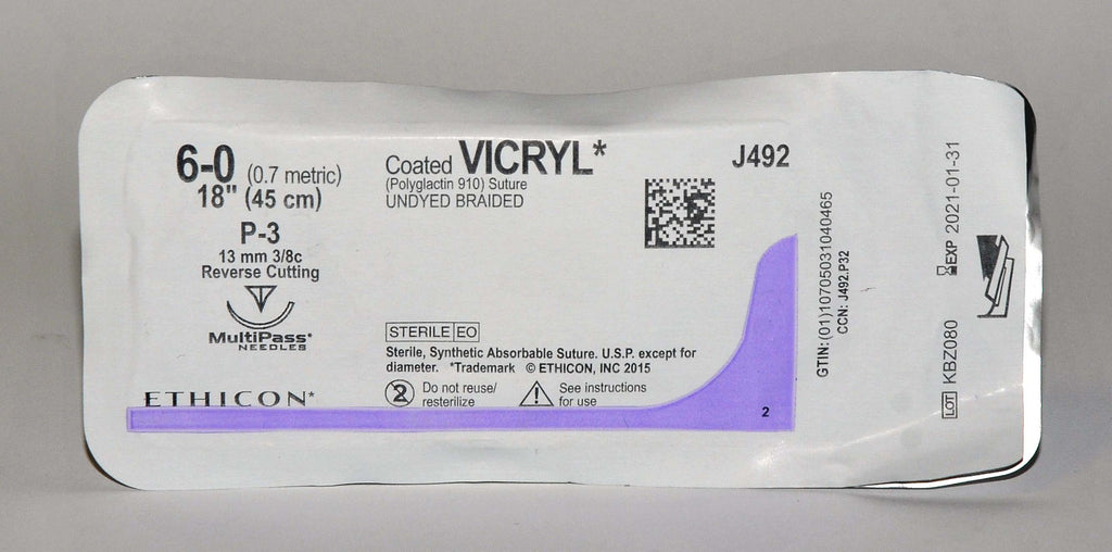 Ethicon 6-0 Coated VICRYL J492 Undyed Braided Reverse Cutting Suture (x12 Pcs)