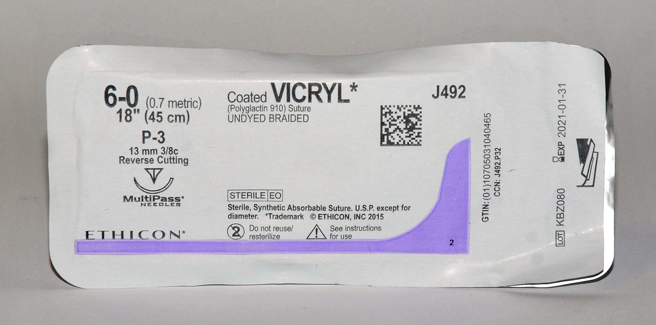Ethicon 6-0 Coated VICRYL J492 Undyed Braided Reverse Cutting Suture (x12 Pcs)