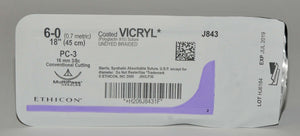 Ethicon 6-0 J843 Coated VICRYL Undyed Braided Conventional Cutting Suture x22Pcs