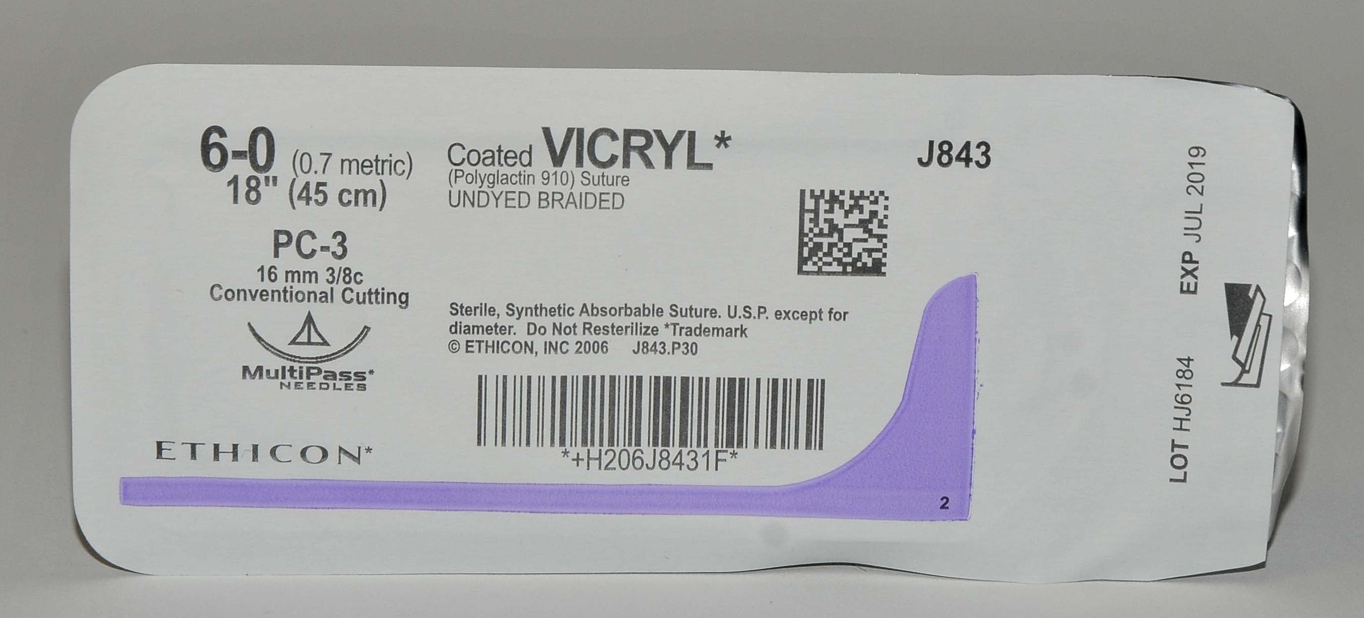 Ethicon 6-0 J843 Coated VICRYL Undyed Braided Conventional Cutting Suture x22Pcs