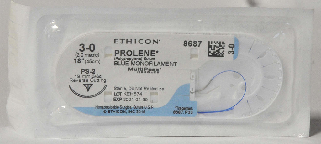 Ethicon PROLENE 3-0 #8687 Blue Monofilament 18" Reverse Cutting Suture (24 Pcs)