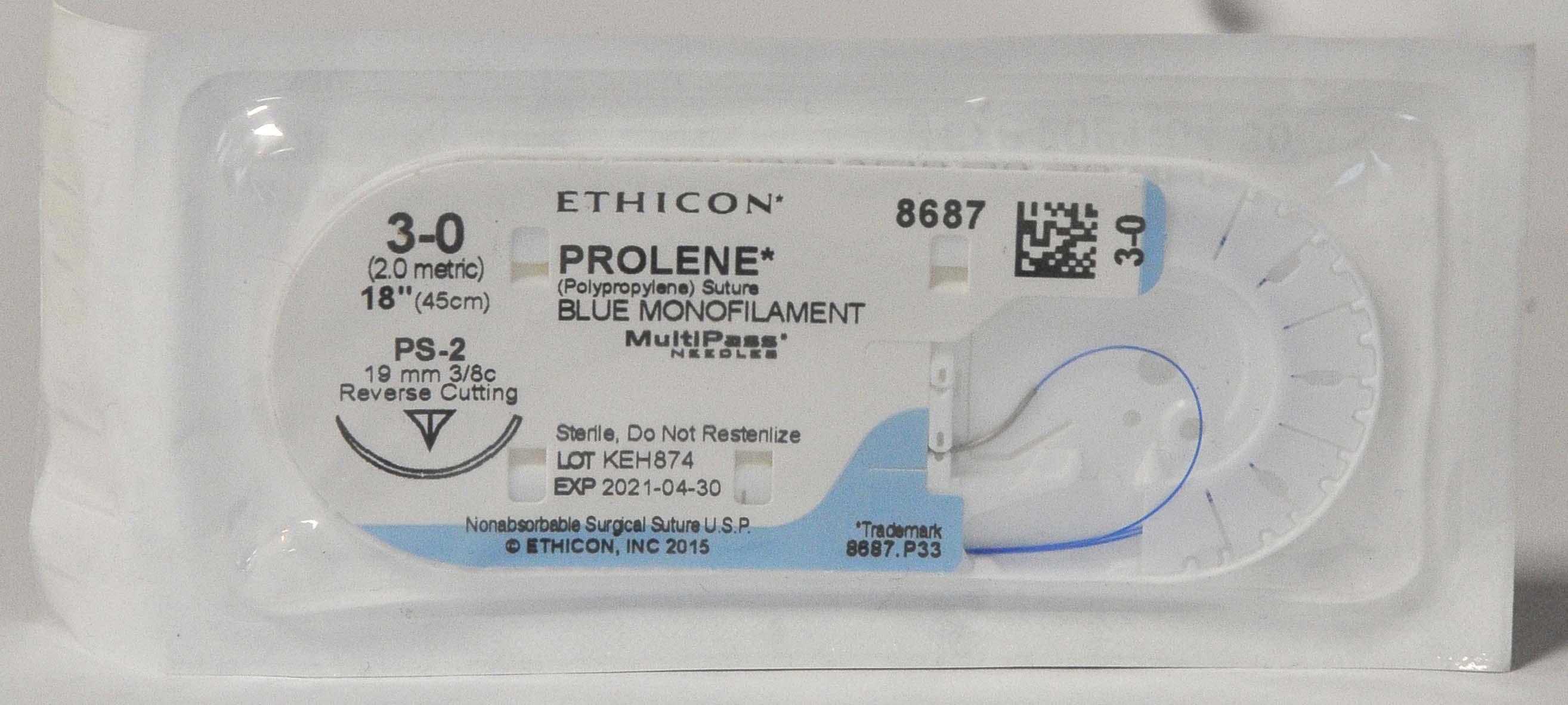 Ethicon PROLENE 3-0 #8687 Blue Monofilament 18" Reverse Cutting Suture (24 Pcs)
