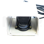 Close-up of black ribbed foot pedal mounted inside beige metal guard