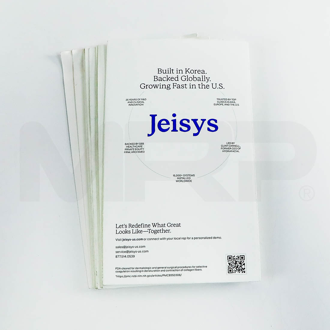 Stack of 11 Jeisys Density brochures showing back cover with company highlights and contact info
