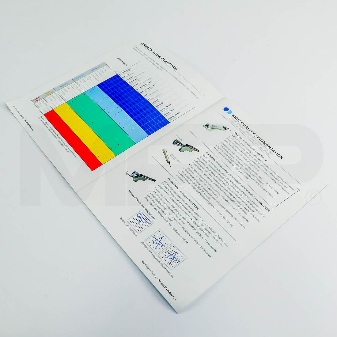 Sciton Joule X marketing booklet open to Create Your Platform and Skin Quality pages
