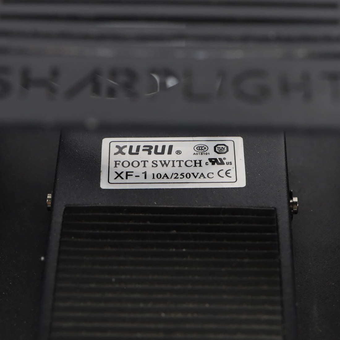 Xurui XF-1 foot switch label, 10A/250VAC, inside SharpLight pedal guard