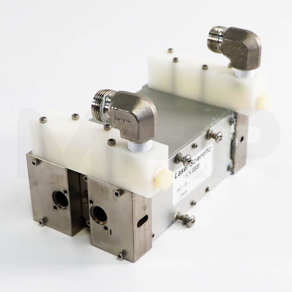 Candela GentleYAG cavity assembly side view with stainless end blocks and elbow fittings