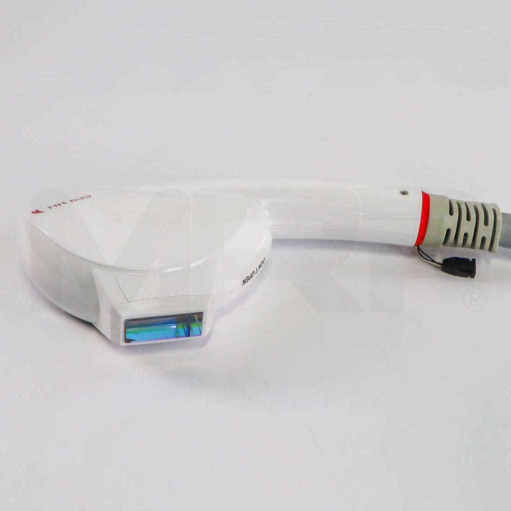 SharpLight HR 635 IPL handpiece side view showing cracked housing near treatment window