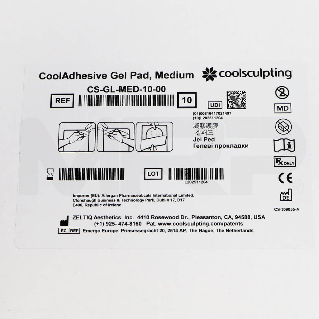 Zeltiq CoolSculpting CoolAdhesive Gel Pad Medium box label, REF CS-GL-MED-10-00, quantity 10