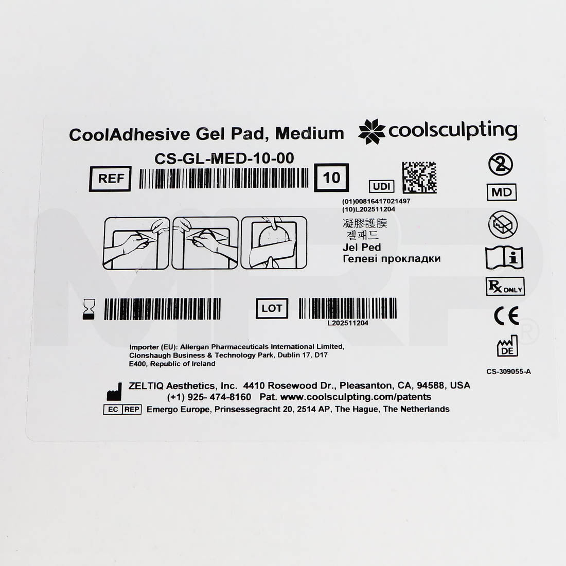 Zeltiq CoolSculpting CoolAdhesive Gel Pad Medium box label, REF CS-GL-MED-10-00, quantity 10
