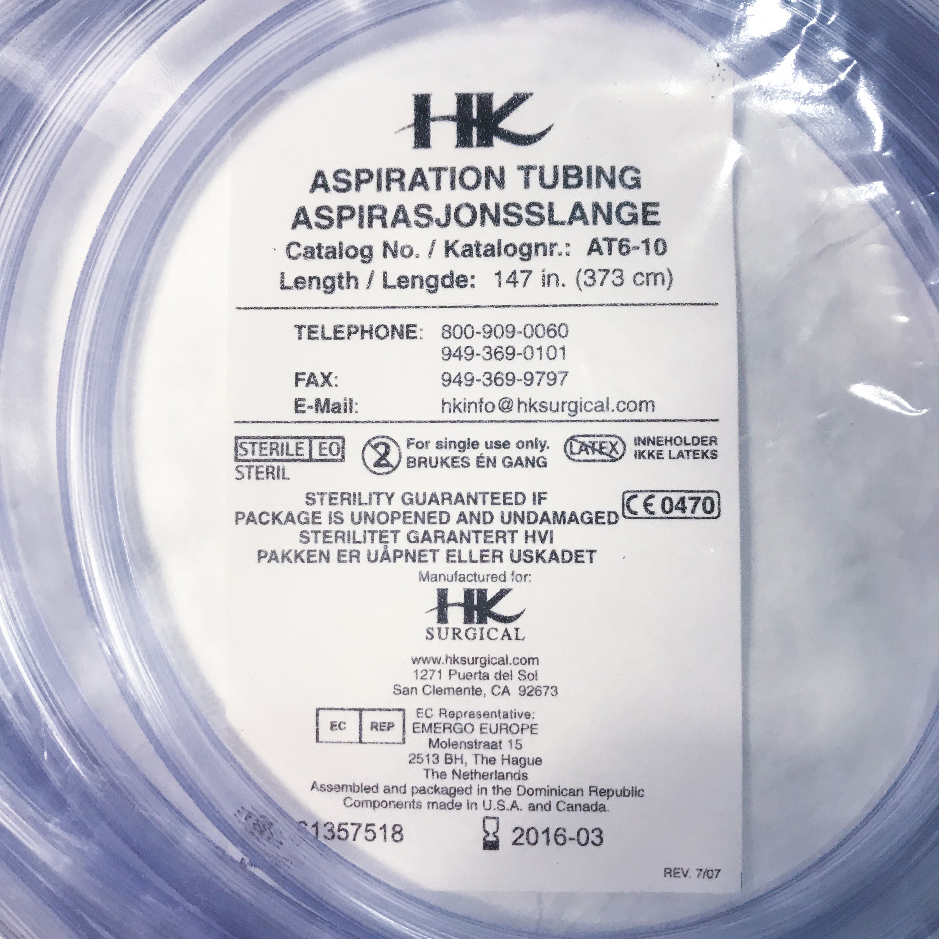 HK 12ft Aspiration Tubing AT6-10 (Baxter & Abbot Lining/Canister) HK Aspirator