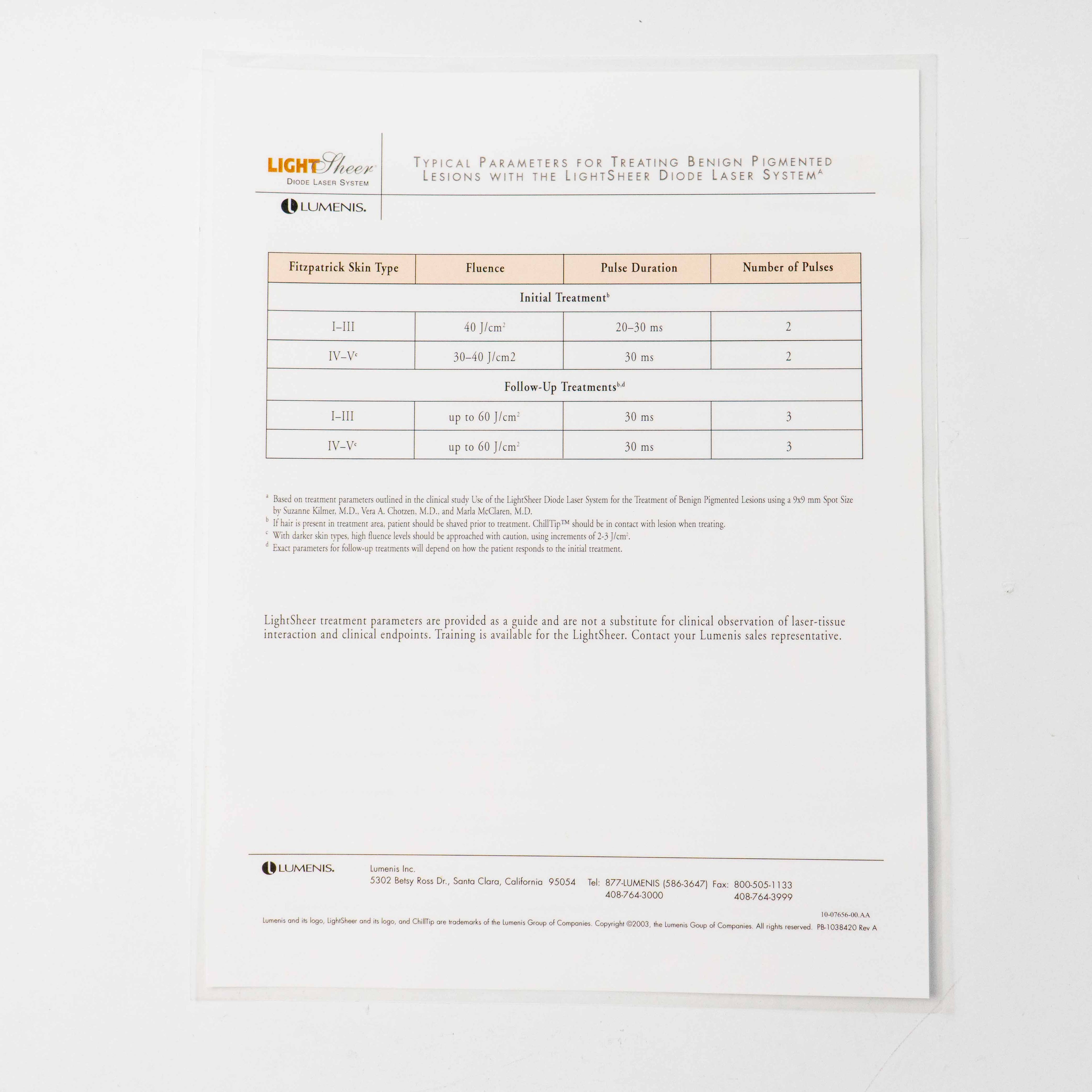 Lumenis LIGHTSHEER Laminated Fitzpatrick Skin Type Reference Chart PB-1038420