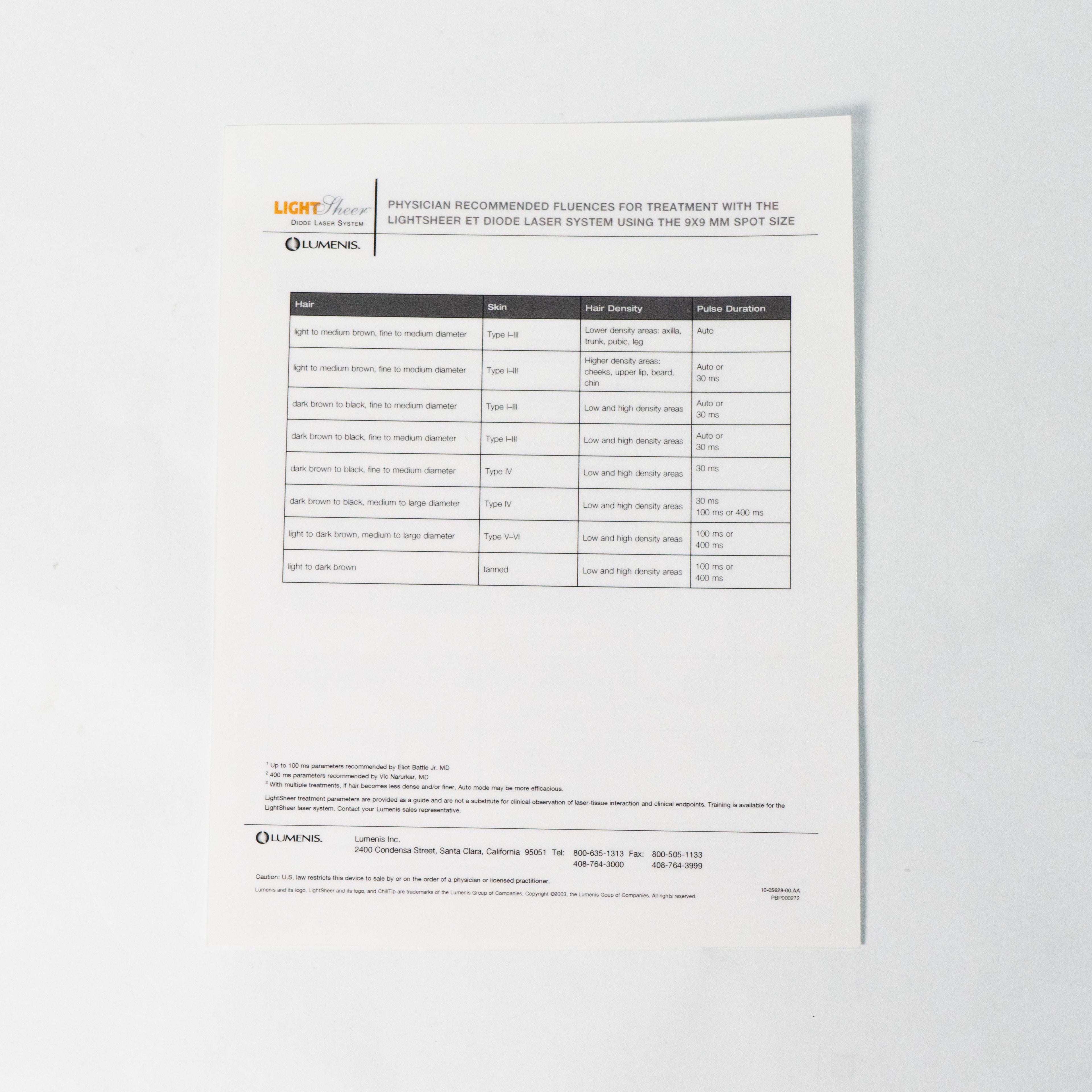 Lumenis LightSheer Treatment Guidelines Pamphlet - Detailed system information