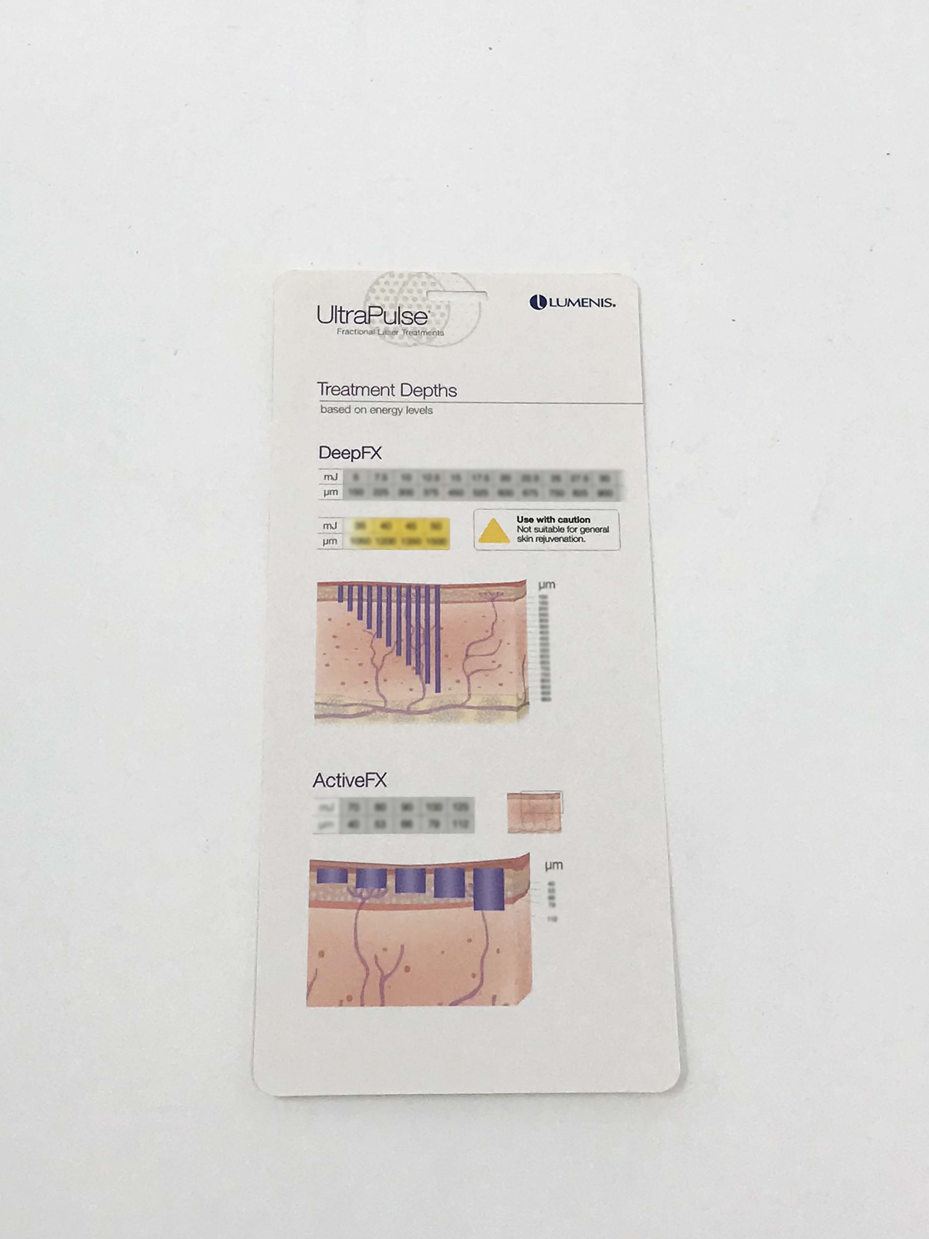 Lumenis Ultra Pulse Laser Treatment Depths Reference Card Deep FX Active FX