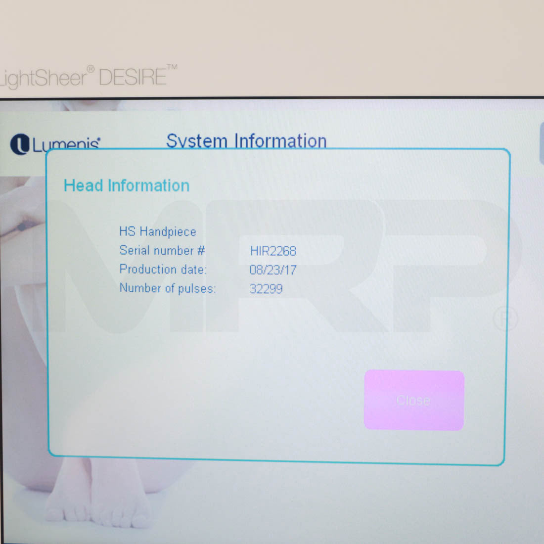 2017 Lumenis LightSheer Desire Diode System HighSpeed Handpiece Screen