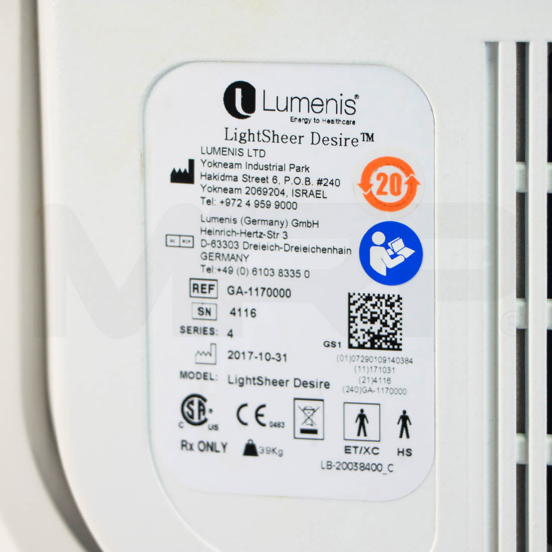 2017 Lumenis LightSheer Desire Diode System Label