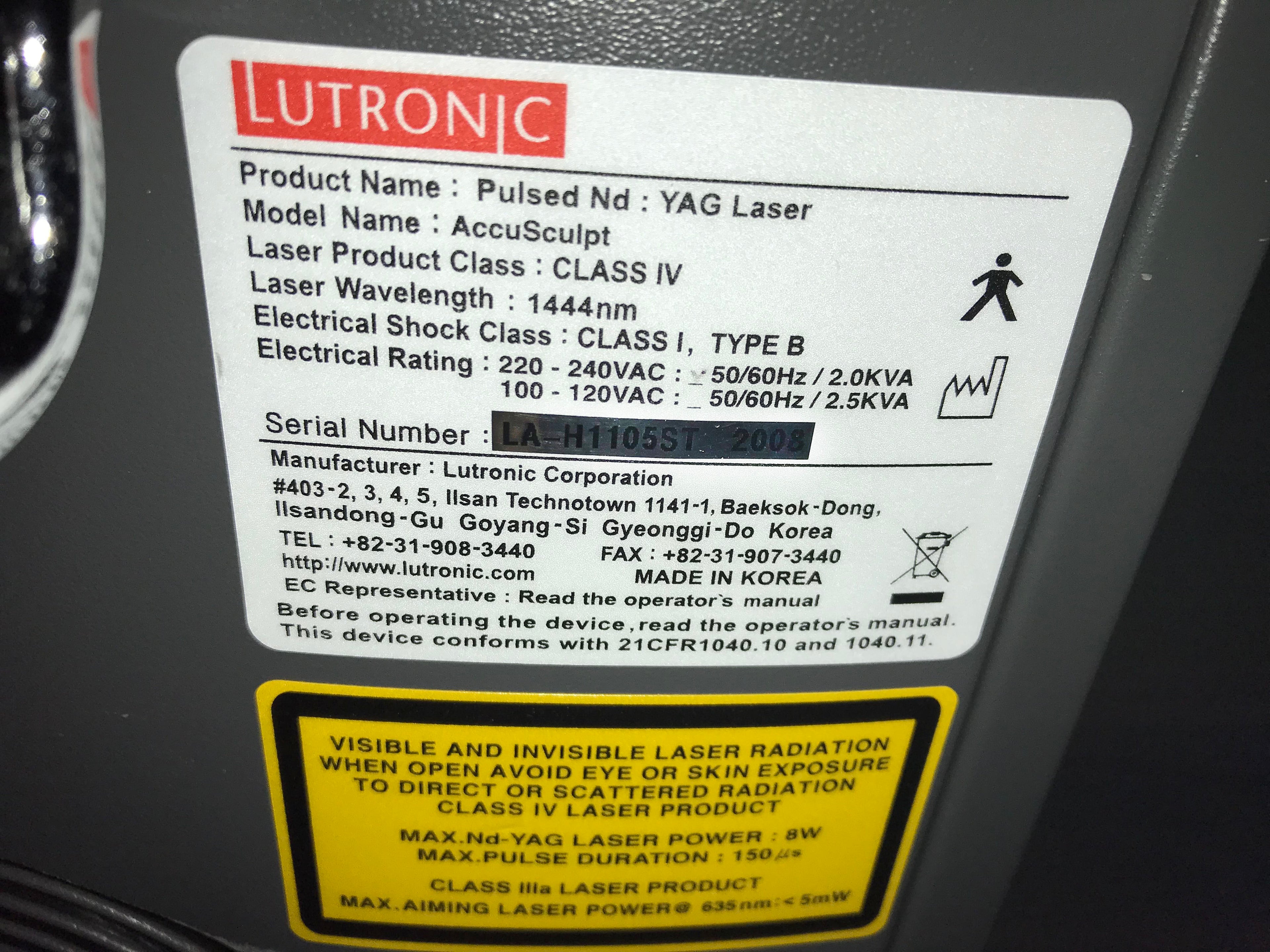 Lutronic AccuSculpt Pulsed Nd YAG Body Contour 1444 Accu Sculpt Lipolysis Laser