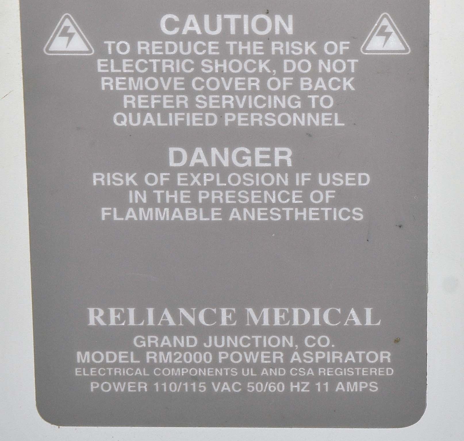 Reliance Medical RM2000V Power Aspirator RM2000 V Aspiration System