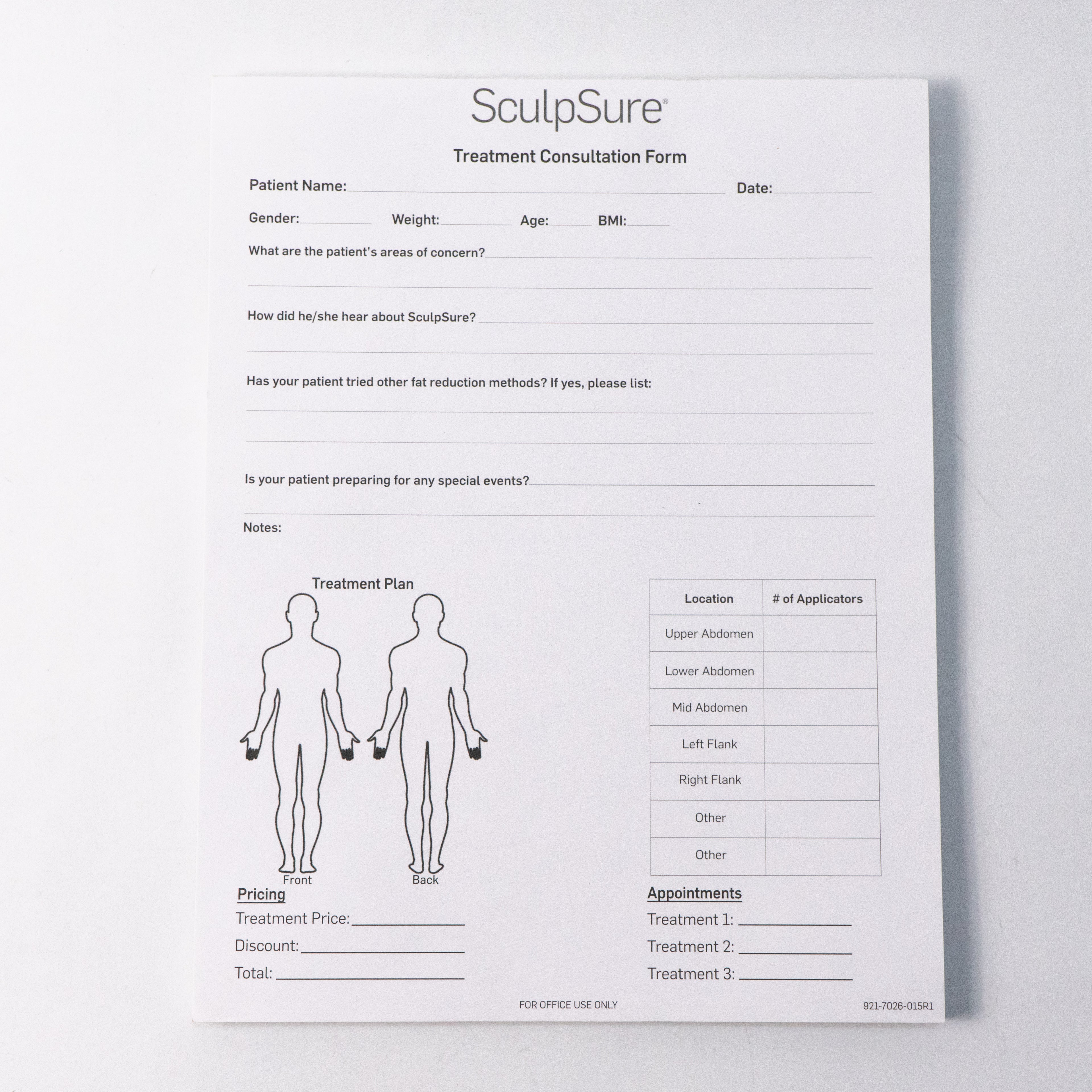 SculpSure Treatment Consultation Form Pull Sheet / Patient Info - 912-7026-015R1
