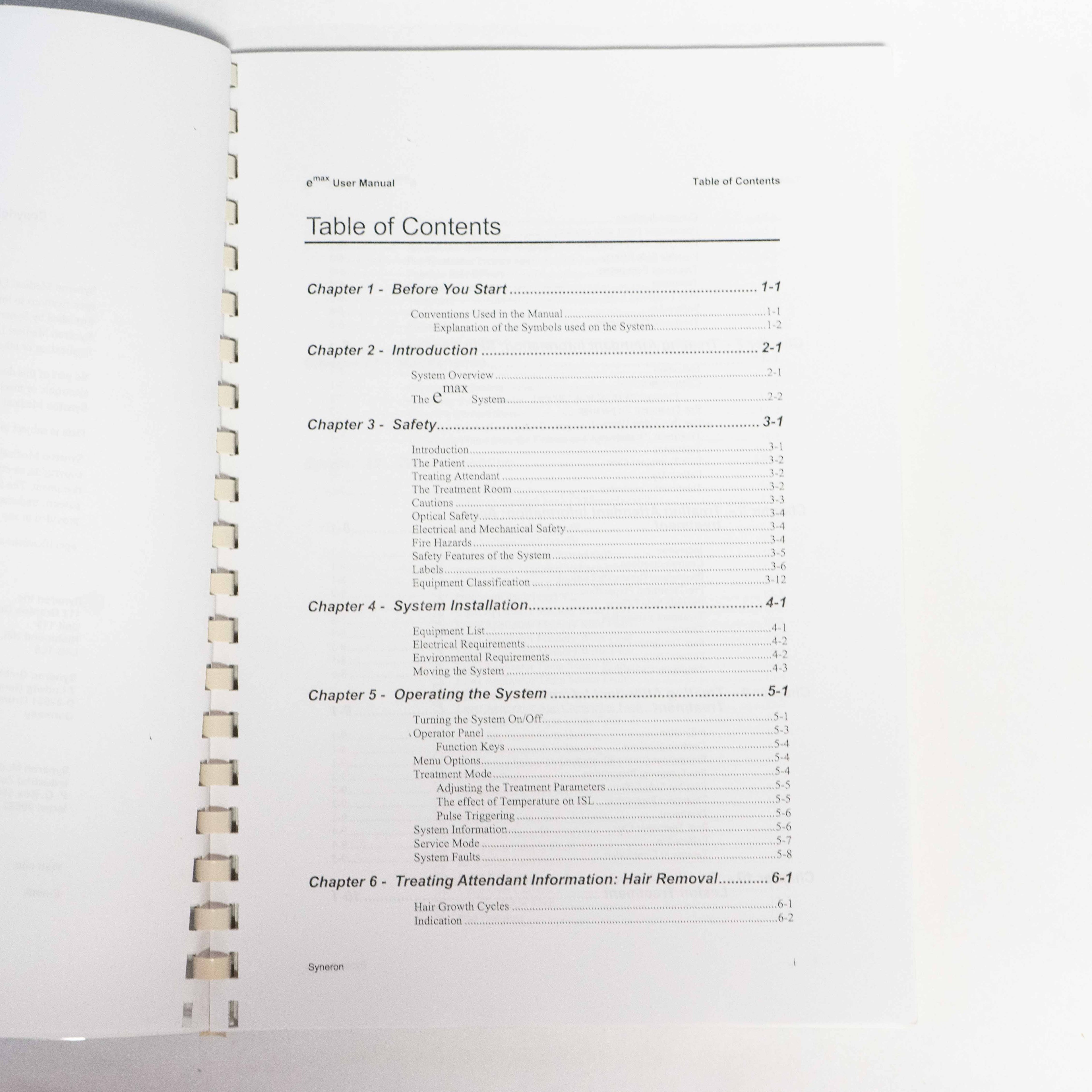 Syneron 2006 eMax "Short Instructions for In-Service" Quick Reference Guide Book