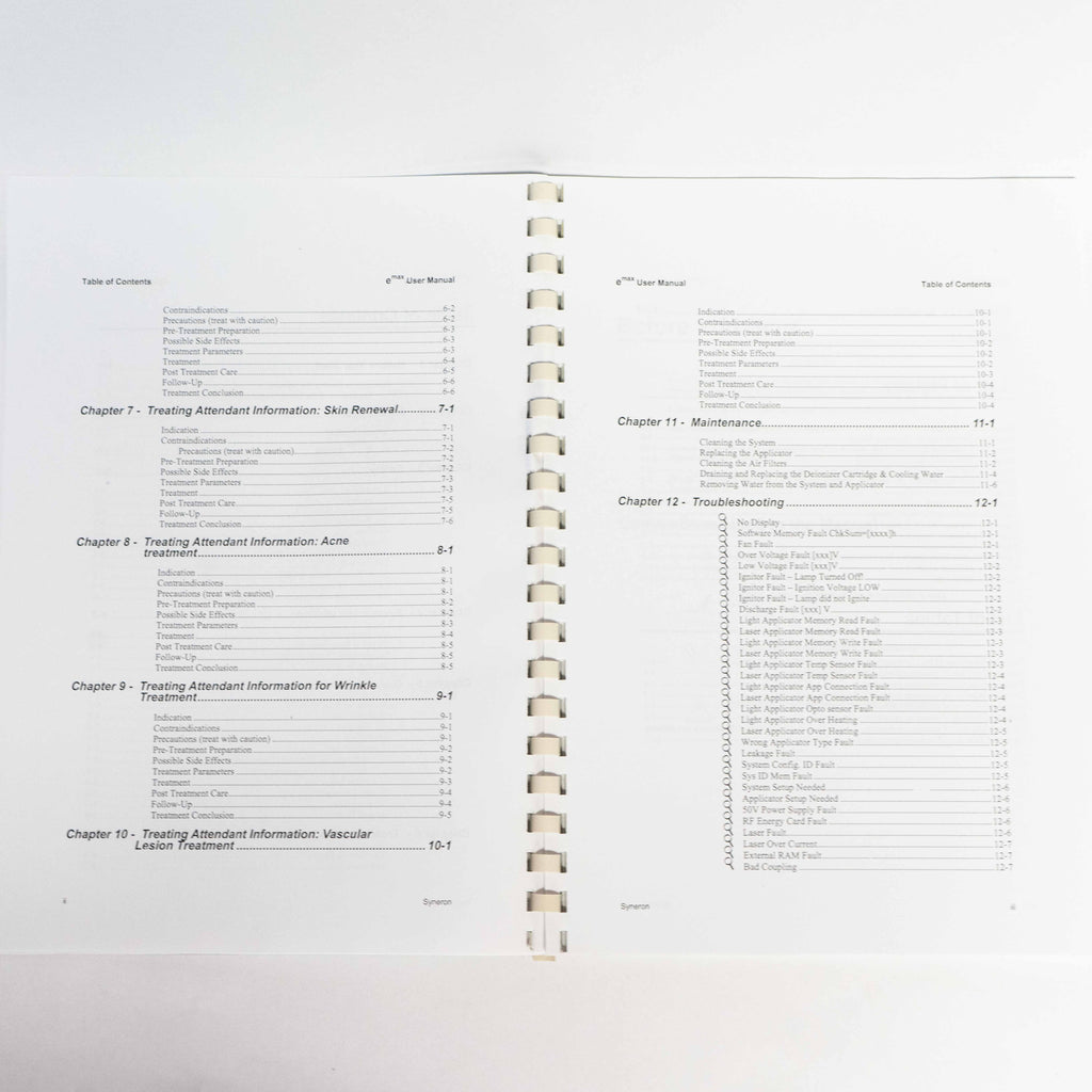 Syneron 2006 eMax "Short Instructions for In-Service" Quick Reference Guide Book