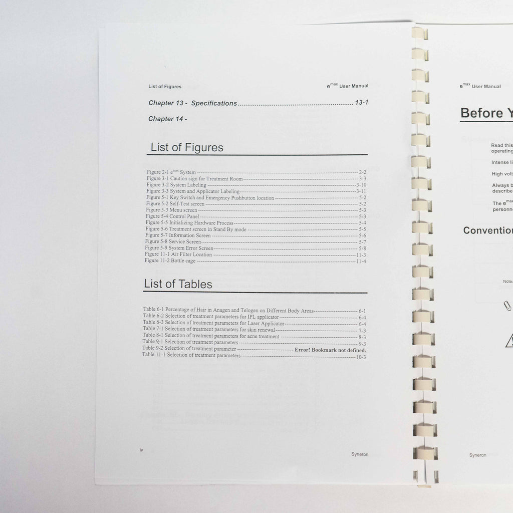 Syneron 2006 eMax "Short Instructions for In-Service" Quick Reference Guide Book
