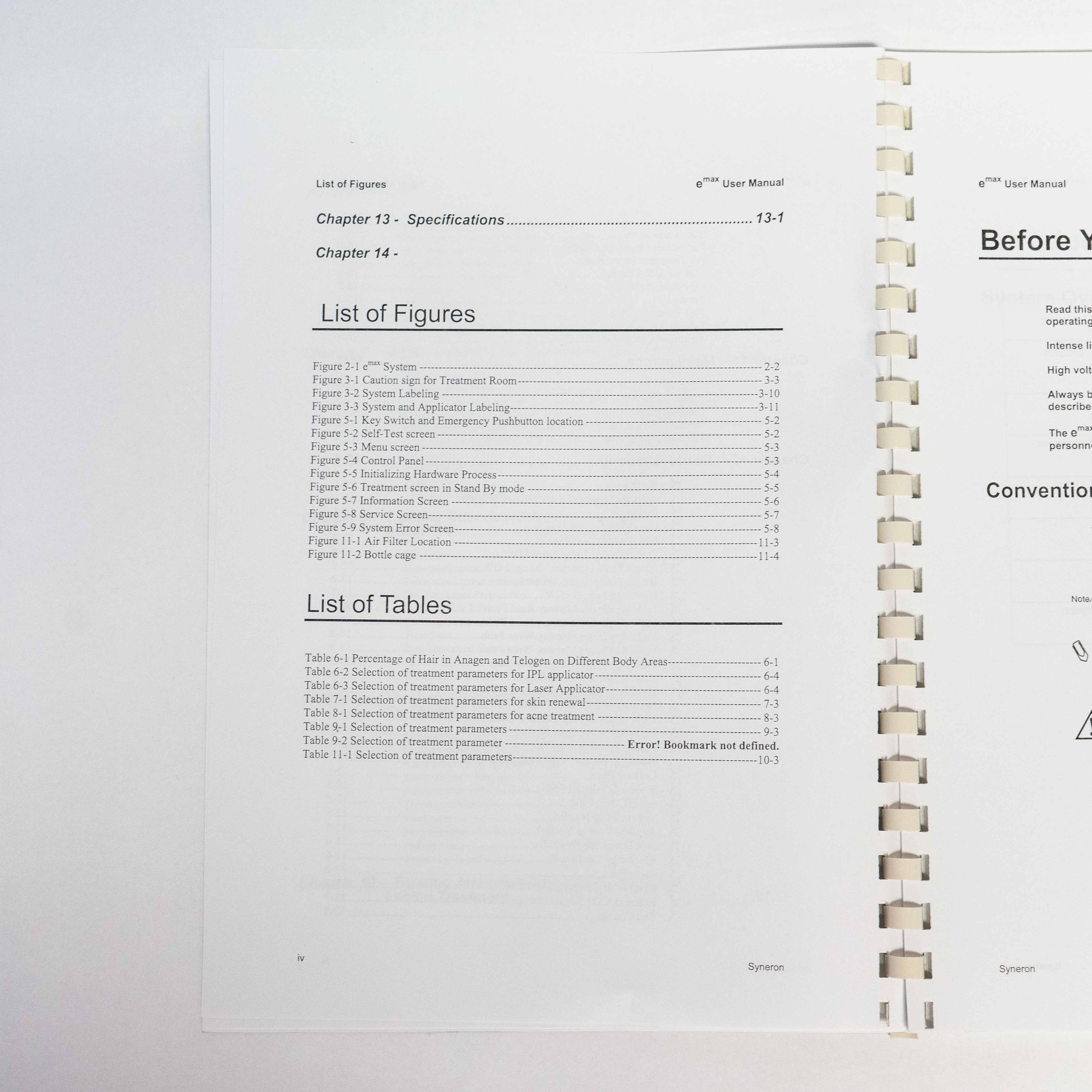 Syneron 2006 eMax "Short Instructions for In-Service" Quick Reference Guide Book