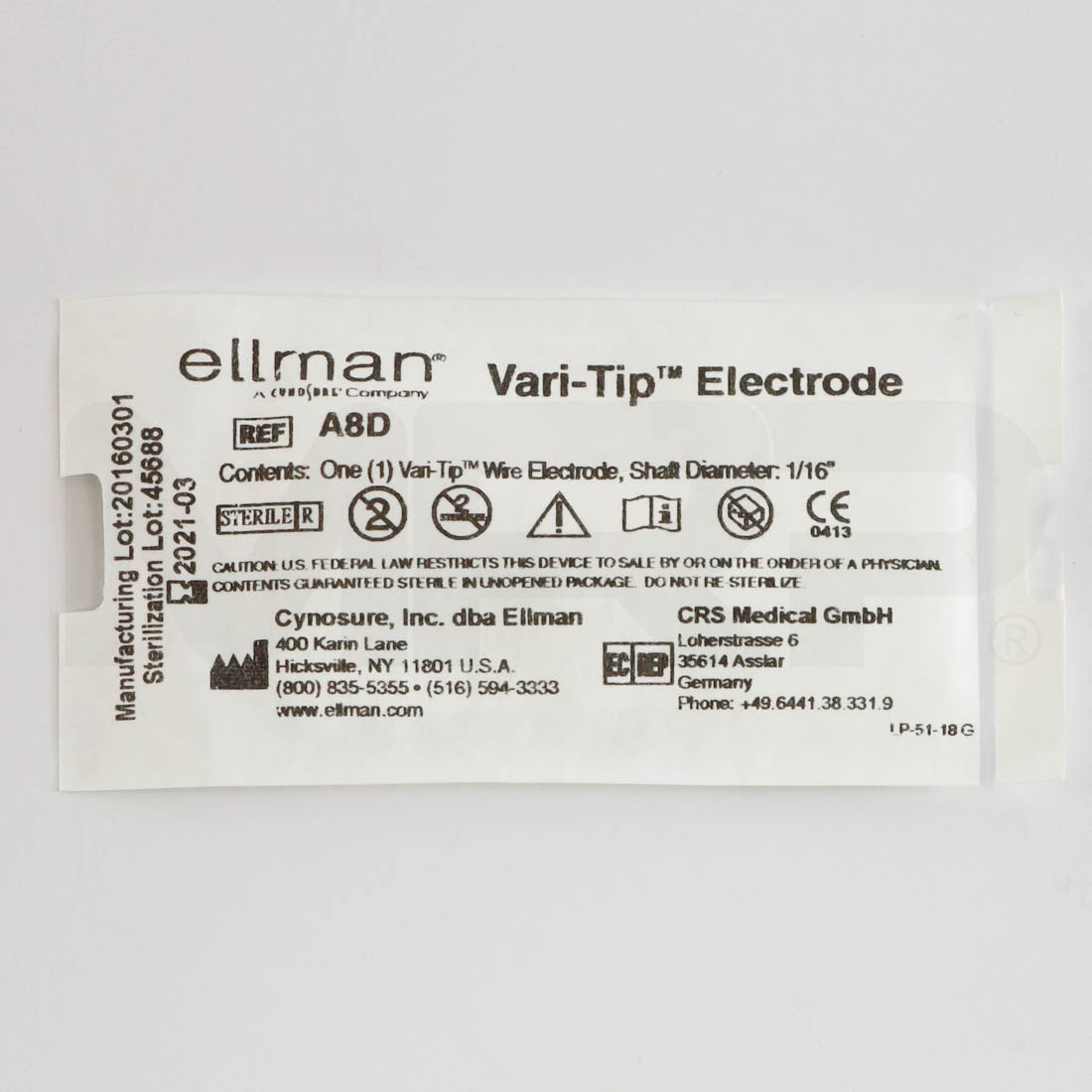 Cynosure Ellman A8D Vari-Tip Wire Electrode Label