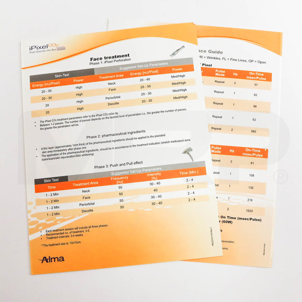 Alma Lasers iPixel CO2 Face & Body Treatment Quick Reference Guide Sheets