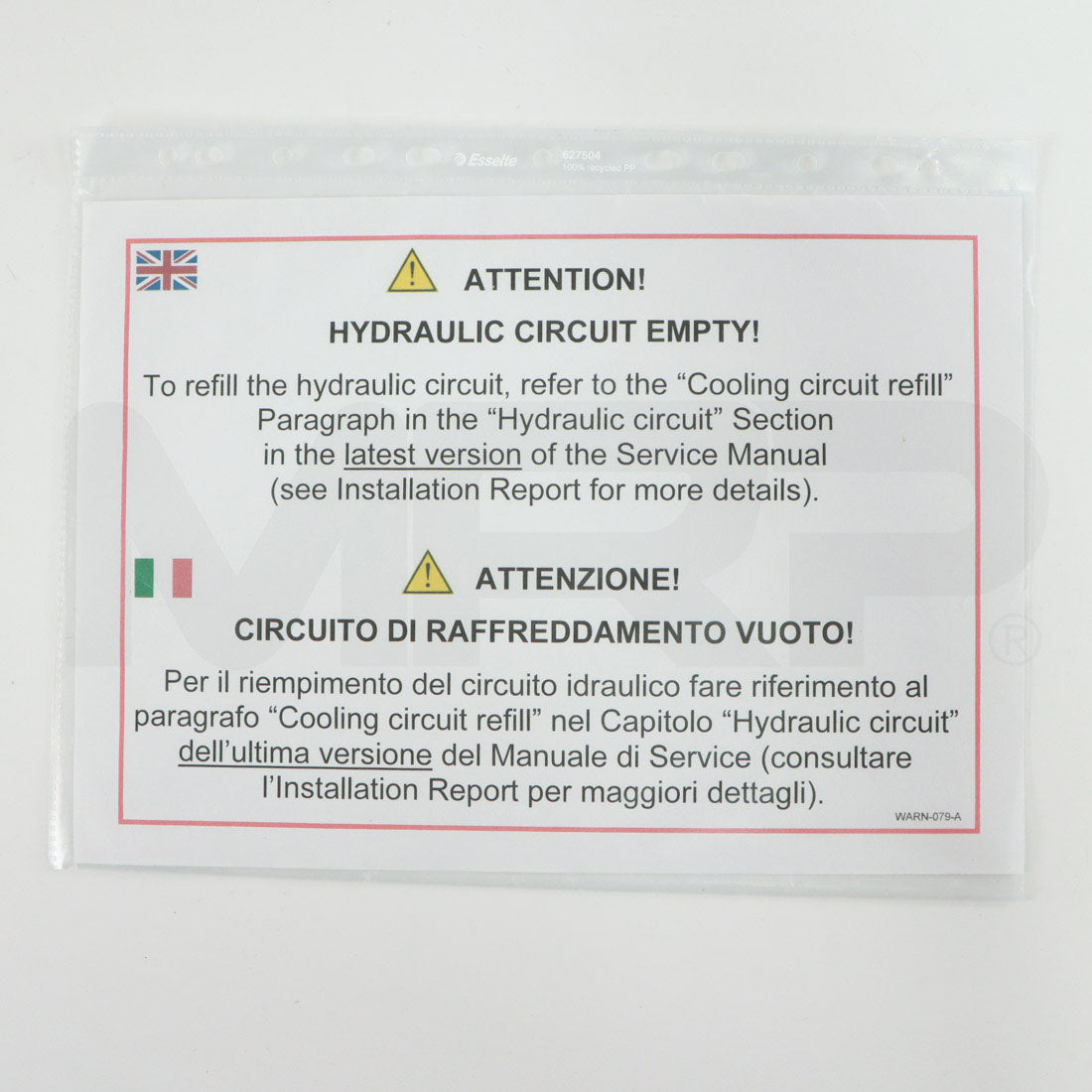 DEKA Hydraulic Circuit Empty Warning Sheet WARN-079-A
