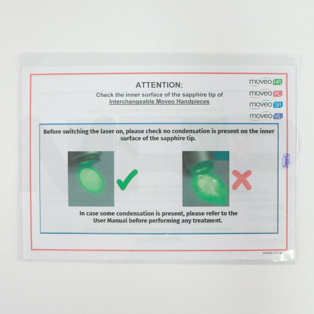 DEKA Moveo Handpiece Attention Warning Sheet WARN-117-A